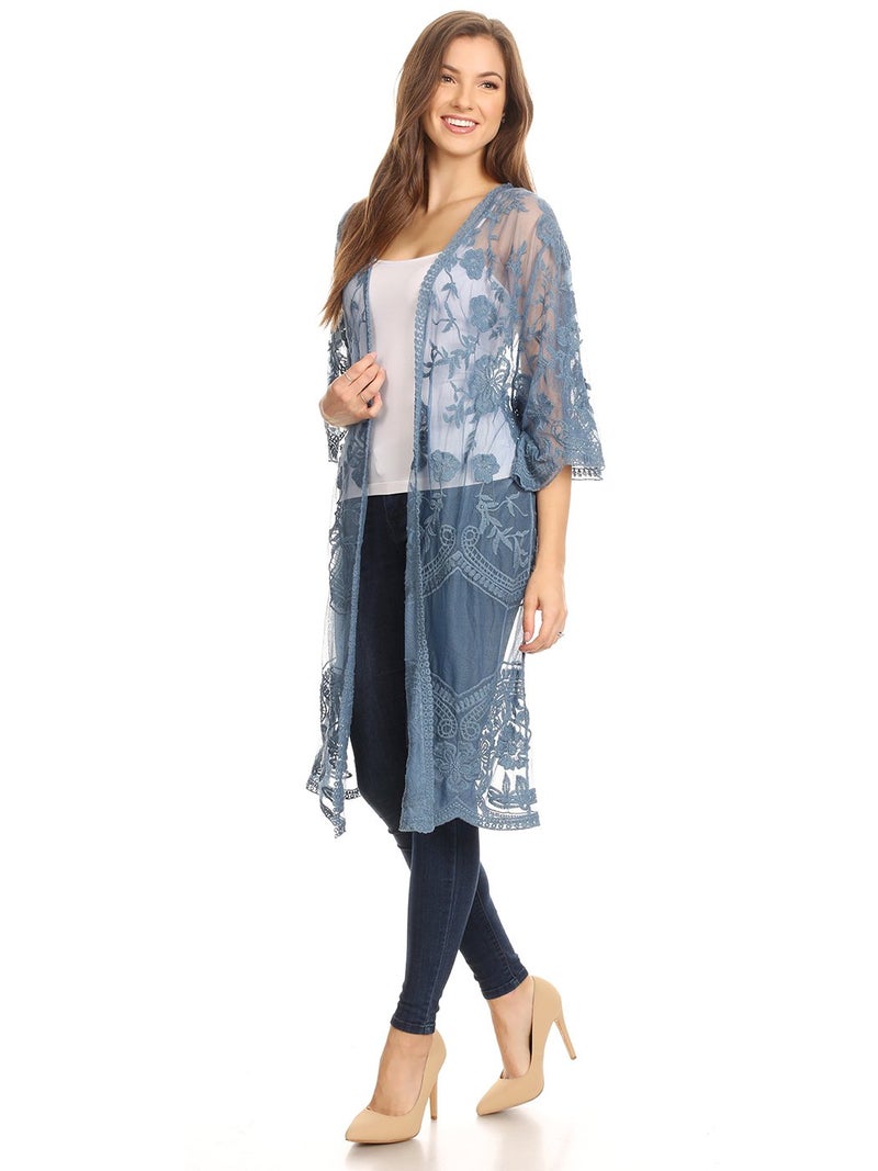 Anna-Kaci Floral Crochet Lace Cardigan for Women Beach Cover Ups Dress Kimono, Blue, OneSize - Image 4